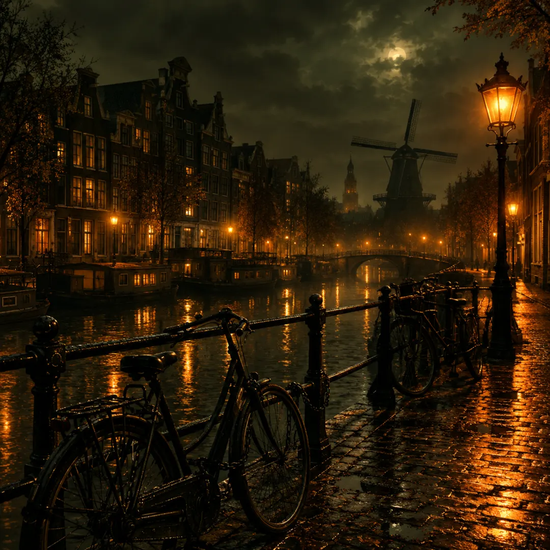 Grachten bij nacht met fietsen, lantaarns en een molen