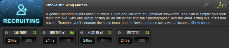 Recruiting crime: Smoke and Wing Mirrors, tier 3/10